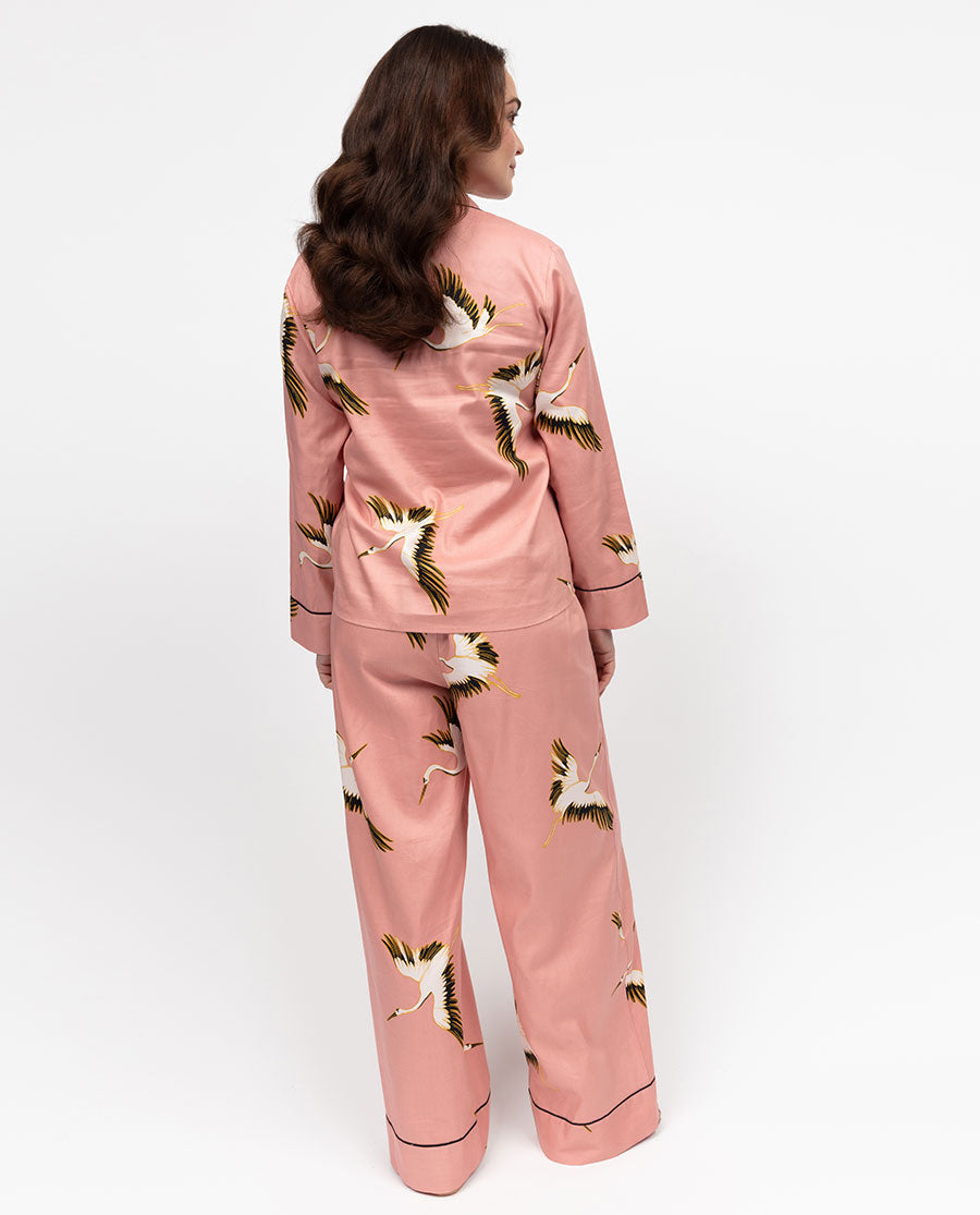 Bonnie Womens Pink Crane Bird Print Wide Leg Pyjama Set