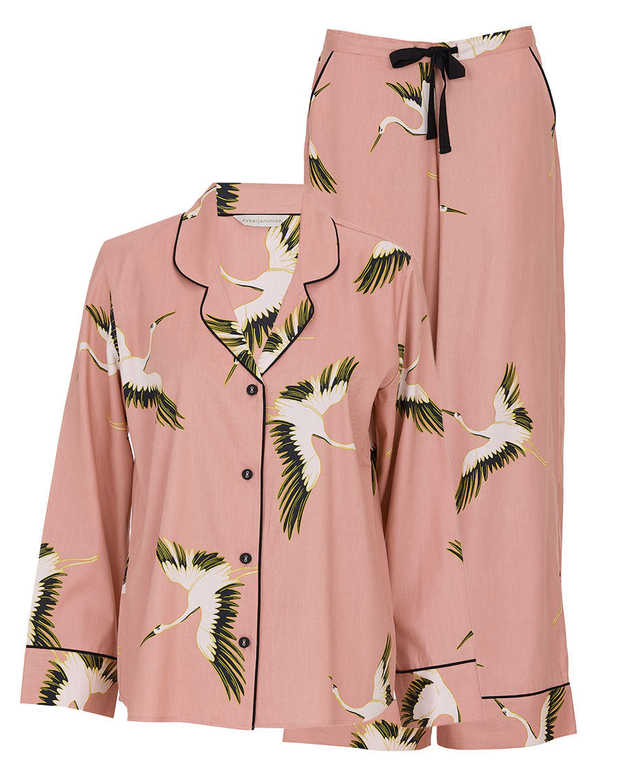 Bonnie Womens Pink Crane Bird Print Wide Leg Pyjama Set