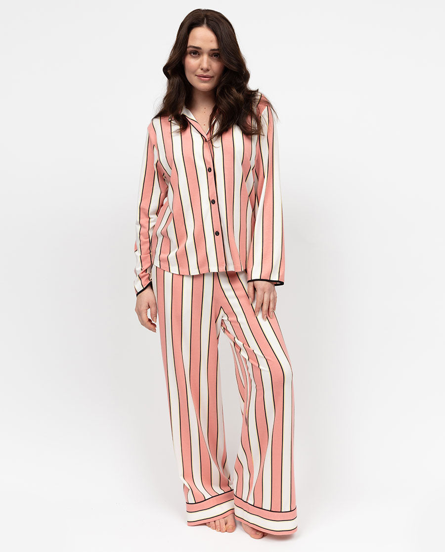 Bonnie Womens Pink Stripe Printed Jersey Wide Leg Pyjama Set