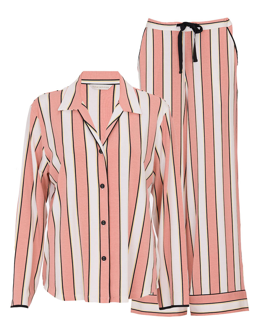 Bonnie Womens Pink Stripe Printed Jersey Wide Leg Pyjama Set