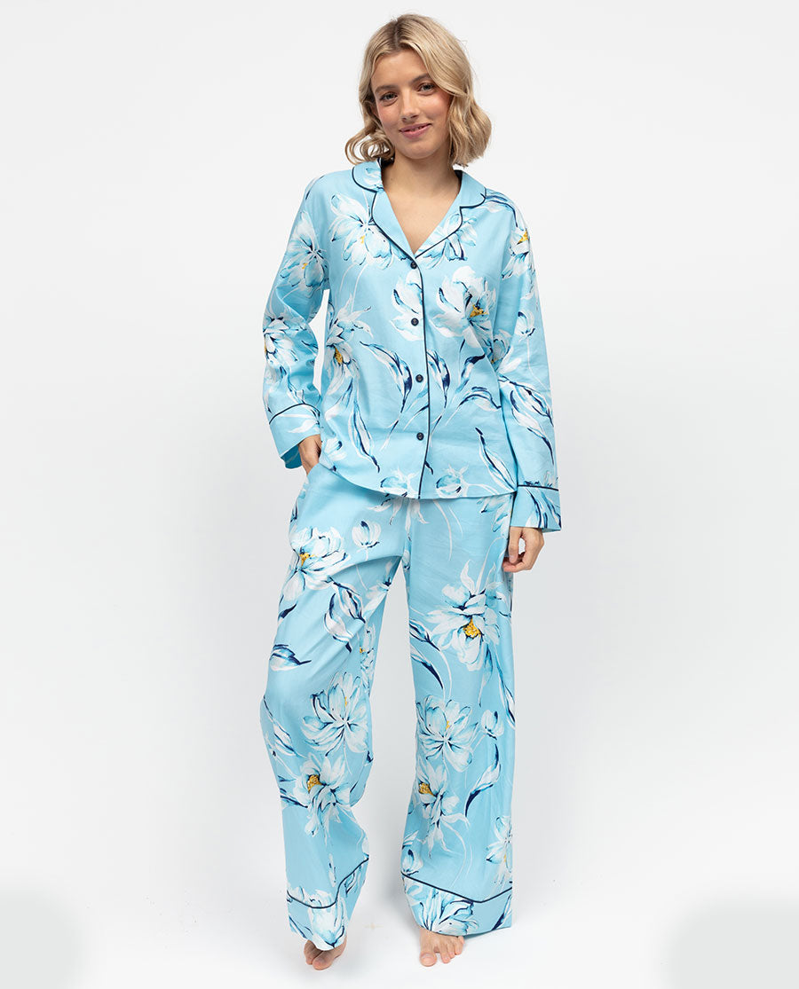 Madelyn Womens Blue Floral Print Wide Leg Pyjama Set