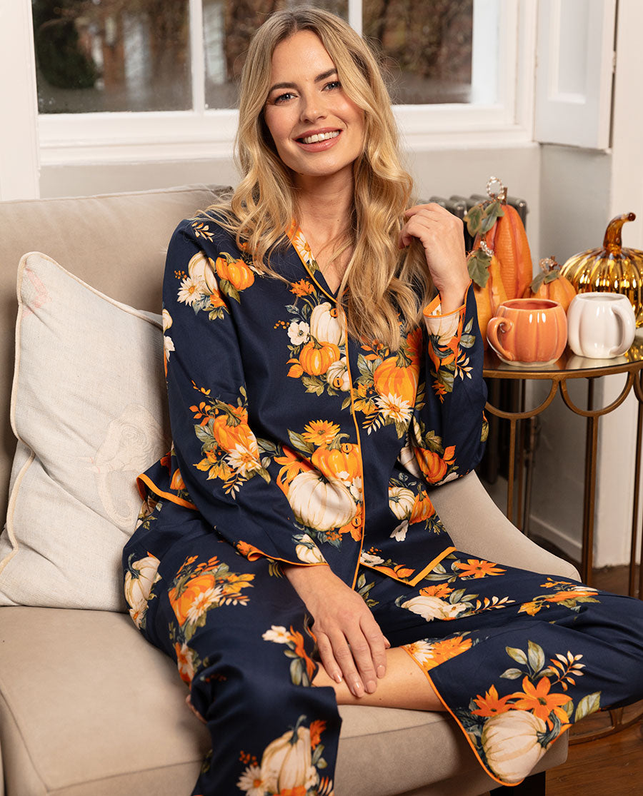 Auburn Womens Navy Pumpkin Print Pyjama Set