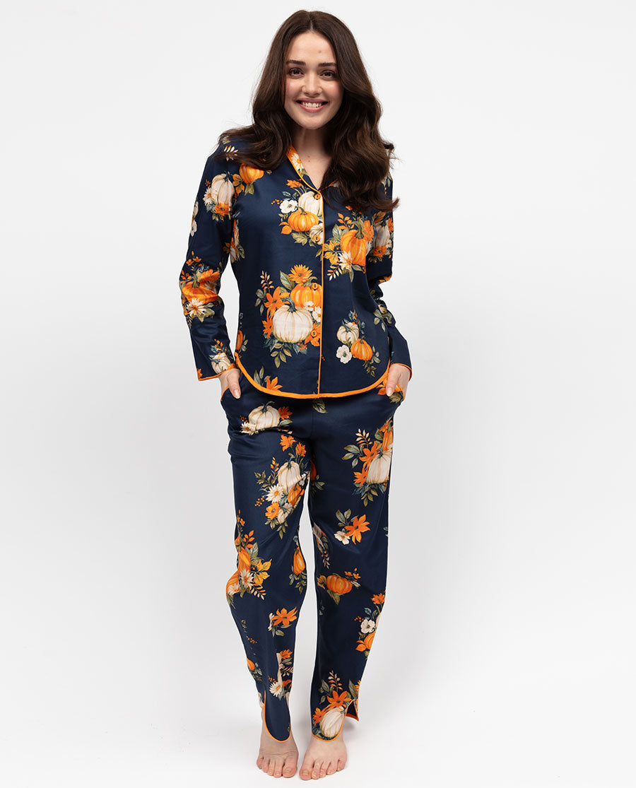 Auburn Womens Navy Pumpkin Print Pyjama Set