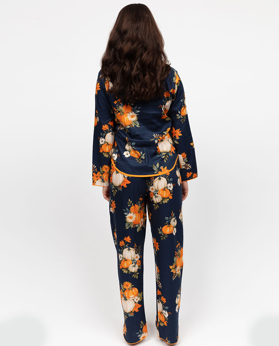 Auburn Womens Navy Pumpkin Print Pyjama Set
