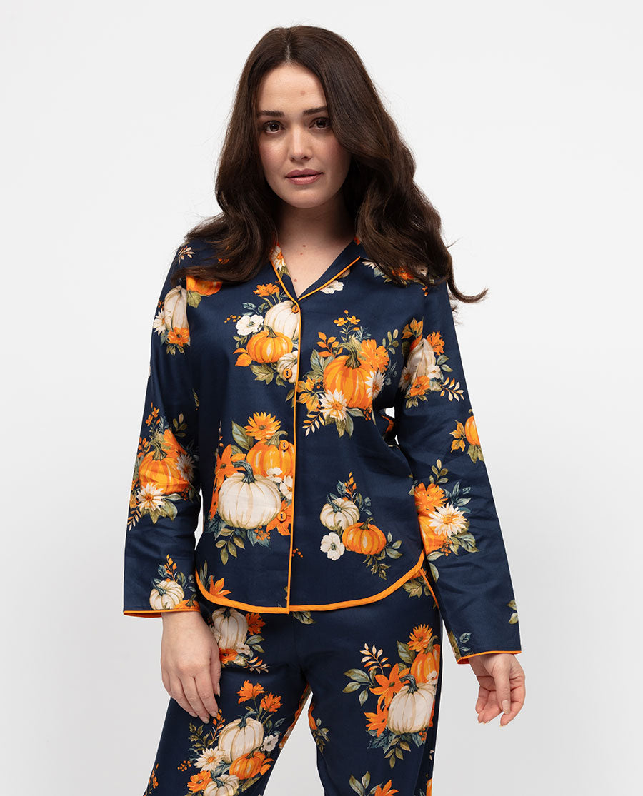 Auburn Damen-Pyjamaoberteil mit Kürbis-Print