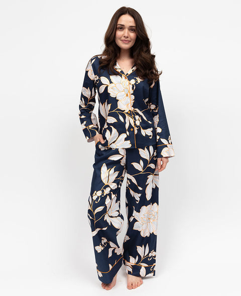 Auburn Womens Navy Floral Print Wide Leg Pyjama Set