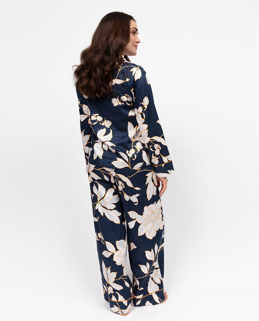 Auburn Womens Navy Floral Print Wide Leg Pyjama Set