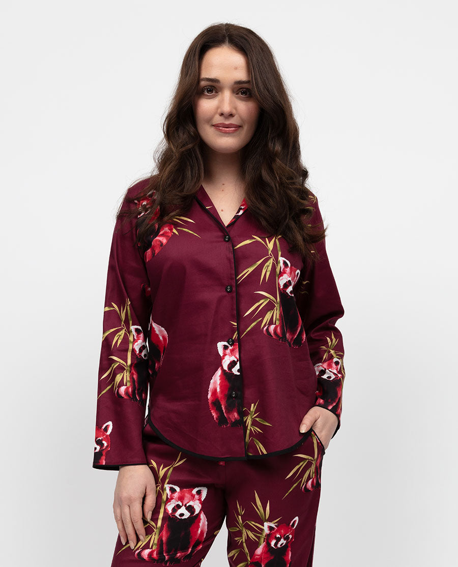 Yasmin Damen-Pyjamaoberteil mit rotem Panda-Print