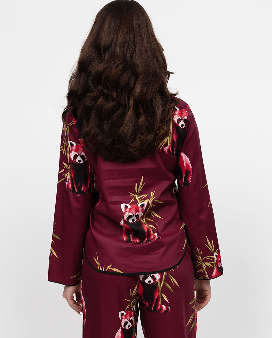 Yasmin Damen-Pyjamaoberteil mit rotem Panda-Print