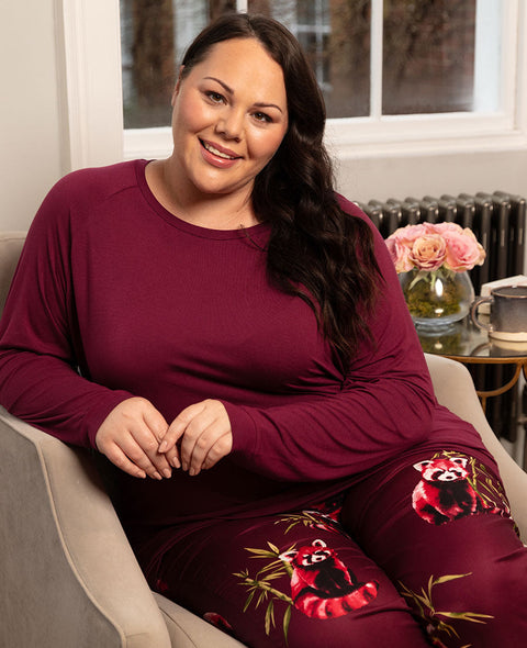 Yasmin Womens Red Slouch Jersey Top and Red Panda Print Pyjama Set