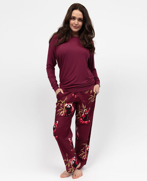 Yasmin Womens Red Slouch Jersey Top and Red Panda Print Pyjama Set