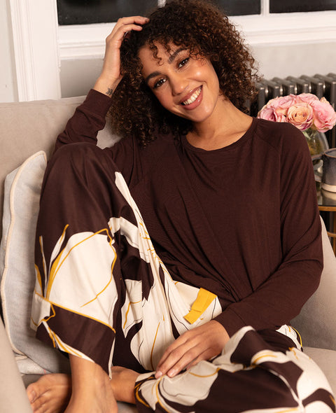 Claudia Womens Brown Slouch Jersey Top and Floral Print Wide Leg Pyjama Set