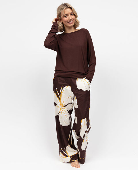 Claudia Womens Brown Slouch Jersey Top and Floral Print Wide Leg Pyjama Set
