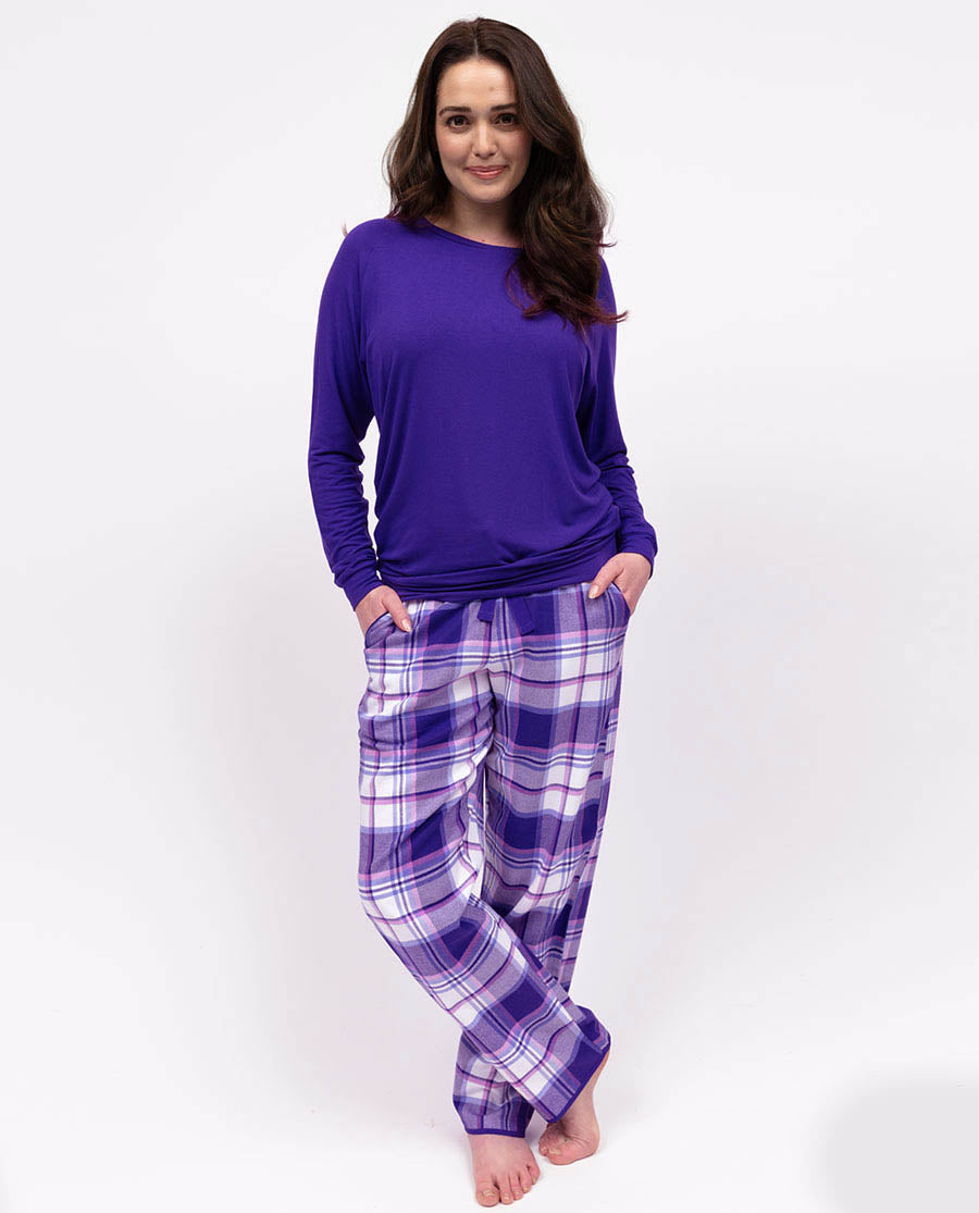 Evolet Womens Purple Slouch Jersey Top and Brushed Check Pyjama Set