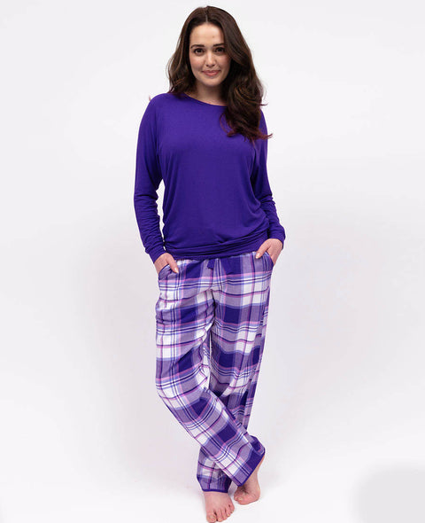 Evolet Womens Purple Slouch Jersey Top and Brushed Check Pyjama Set