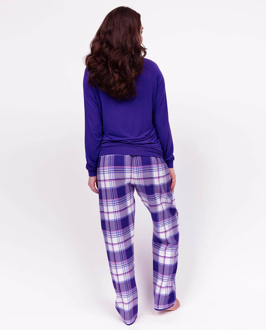 Evolet Womens Purple Slouch Jersey Top and Brushed Check Pyjama Set