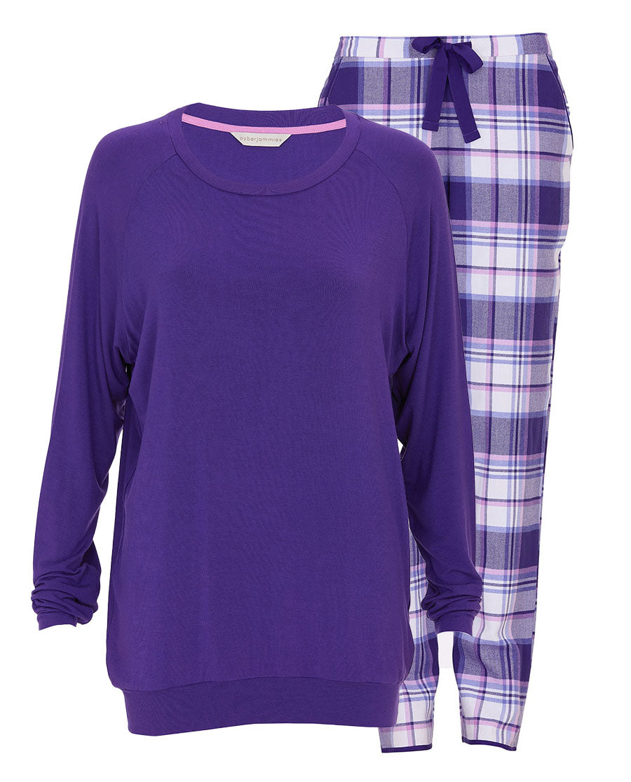 Evolet Womens Purple Slouch Jersey Top and Brushed Check Pyjama Set