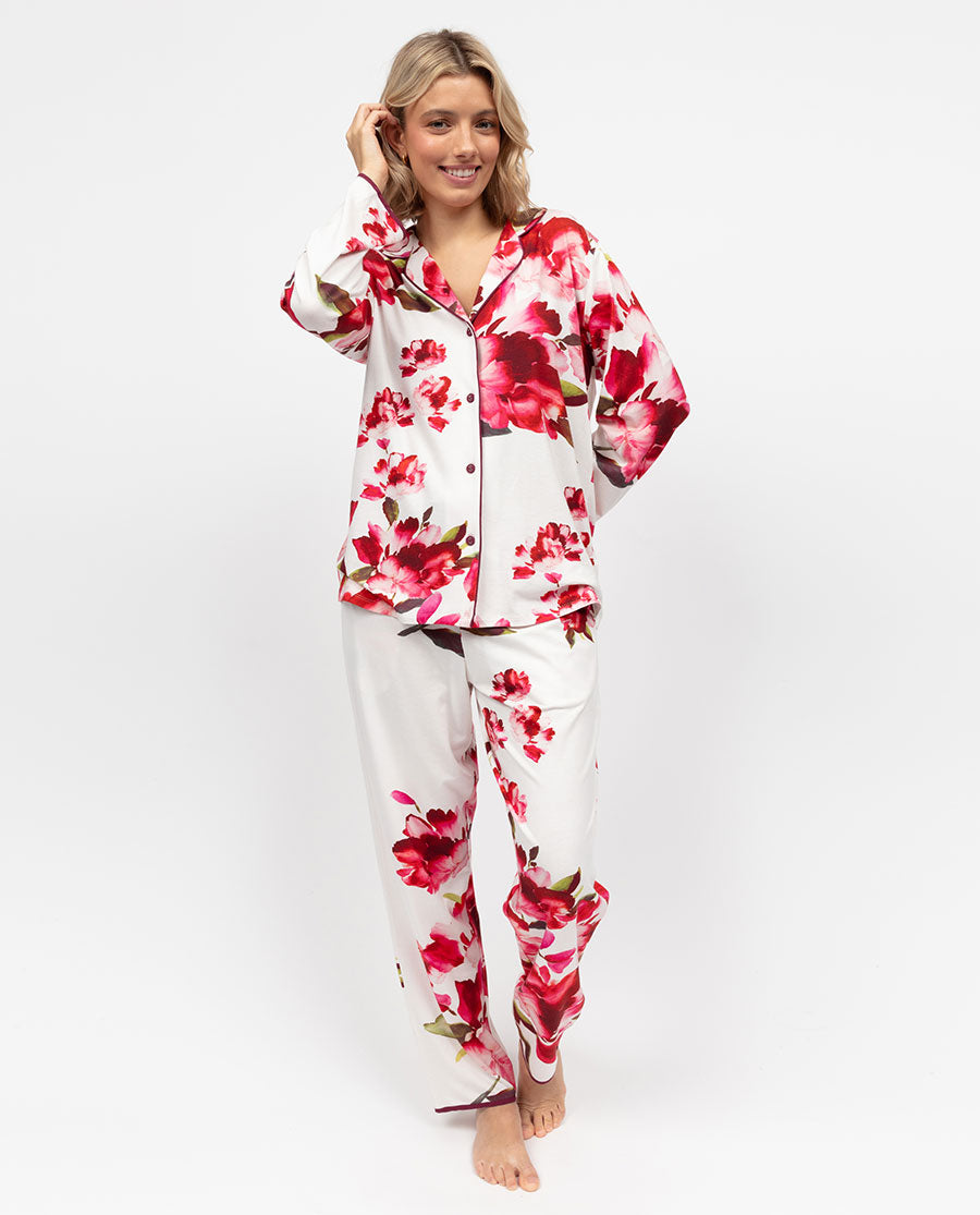 Isabella Womens White Floral Printed Jersey Pyjama Set