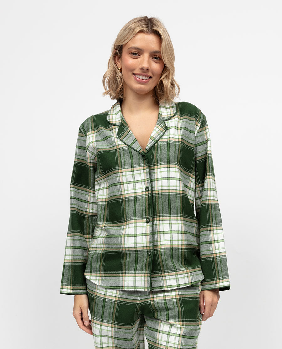 Fern Damen-Pyjamaoberteil mit gebürstetem Karomuster