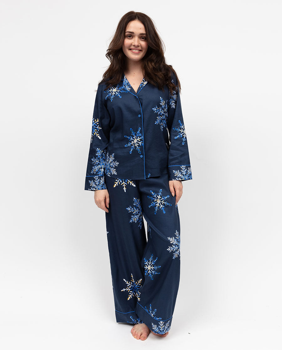 Frosty Womens Blue Snowflake Print Wide Leg Pyjama Set