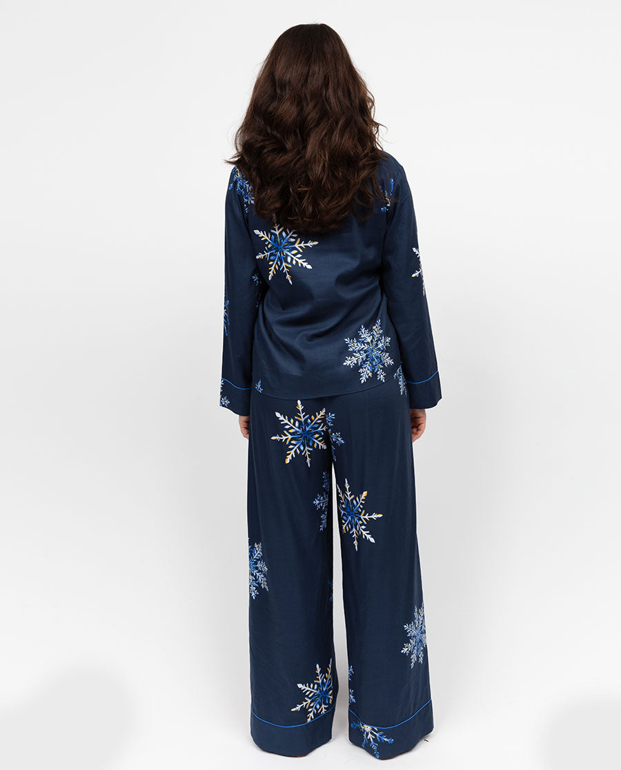 Frosty Womens Blue Snowflake Print Wide Leg Pyjama Set