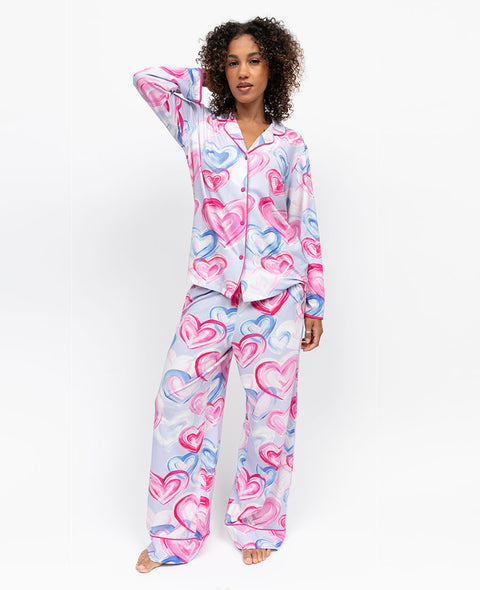 Chloe Womens Heart Printed Jersey Wide Leg Pyjama Set