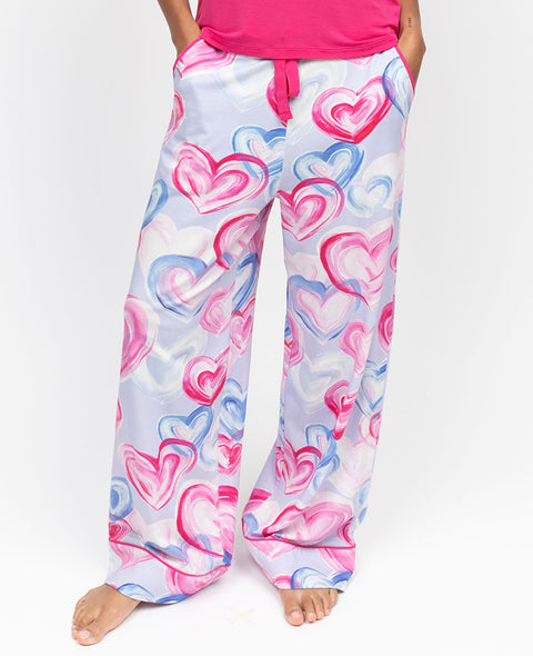 Chloe Womens Heart Printed Jersey Wide Leg Pyjama Bottoms