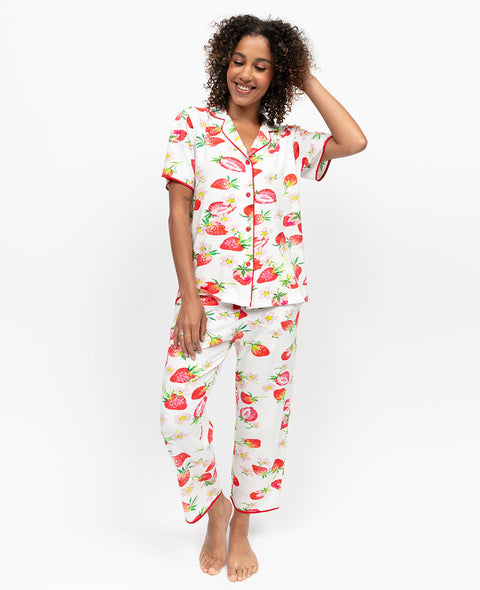 Pippa Womens Strawberry Printed Jersey Cropped Pyjama Set
