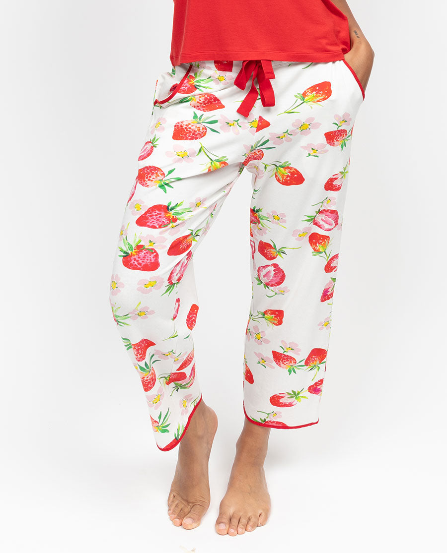 Pippa Womens Strawberry Printed Jersey Cropped Pyjama Bottoms