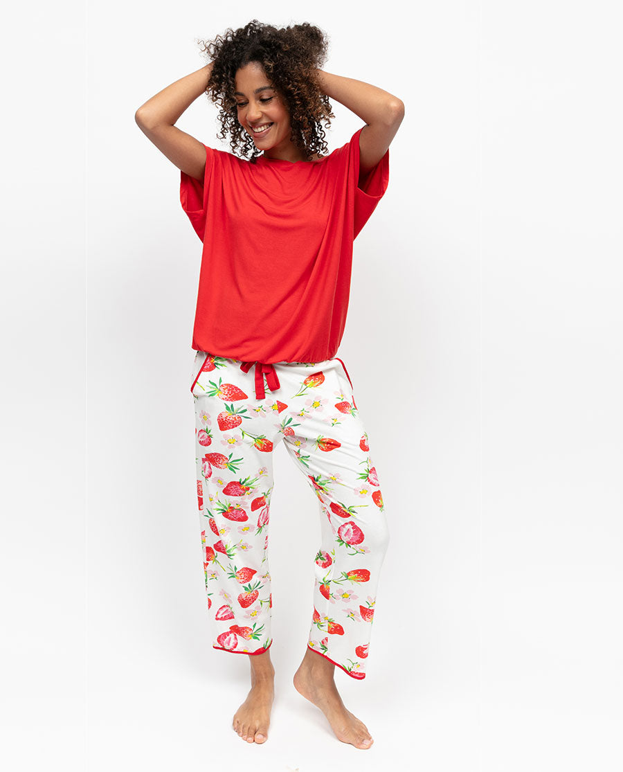 Pippa Womens Strawberry Printed Jersey Cropped Pyjama Bottoms