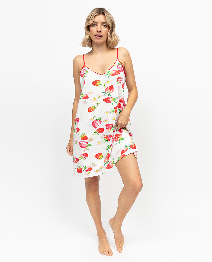 Pippa Womens Strawberry Printed Jersey Strappy Short Nightdress
