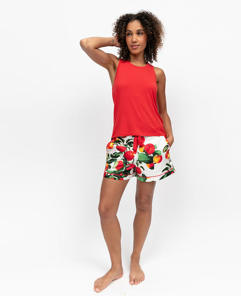 Tara Womens Jersey Vest and Apple Print Shorty Set