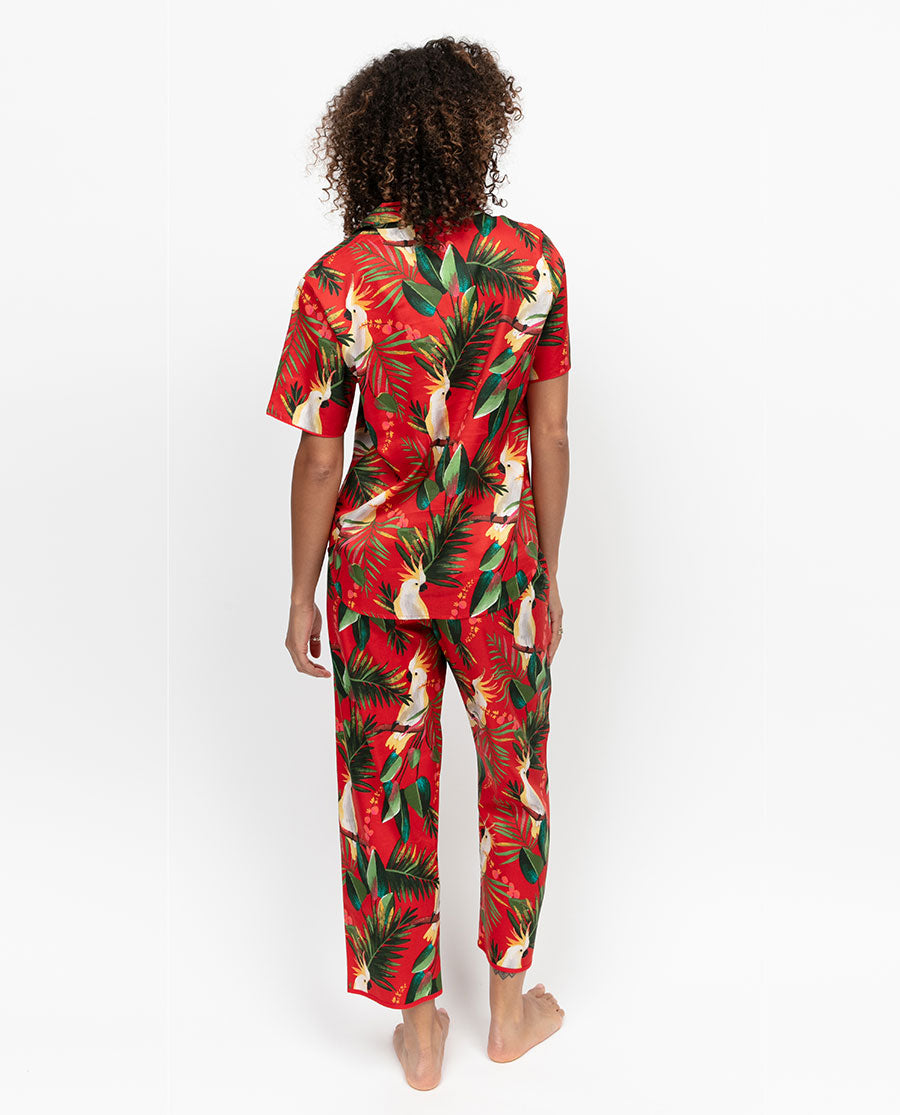 Tara Womens Red Cockatoo Print Cropped Pyjama Set