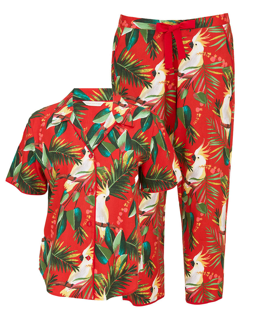 Tara Womens Red Cockatoo Print Cropped Pyjama Set