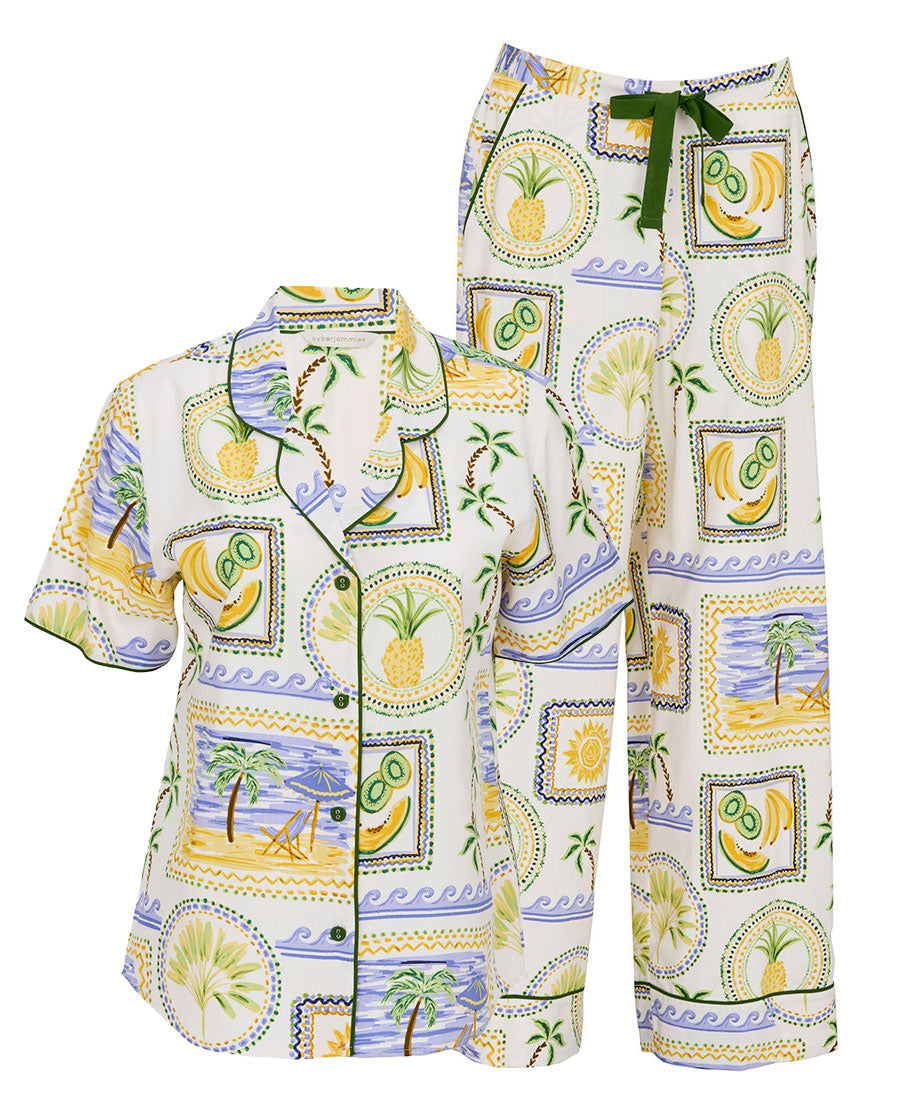 Cora Womens Cream Postcard Print Wide Leg Pyjama Set
