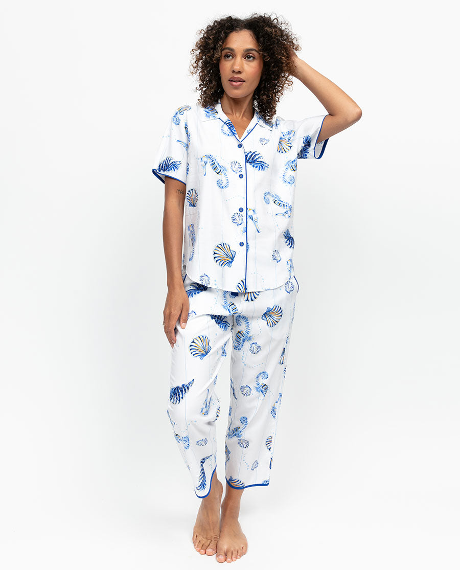 Essie Womens Blue Seahorse Print Cropped Pyjama Set