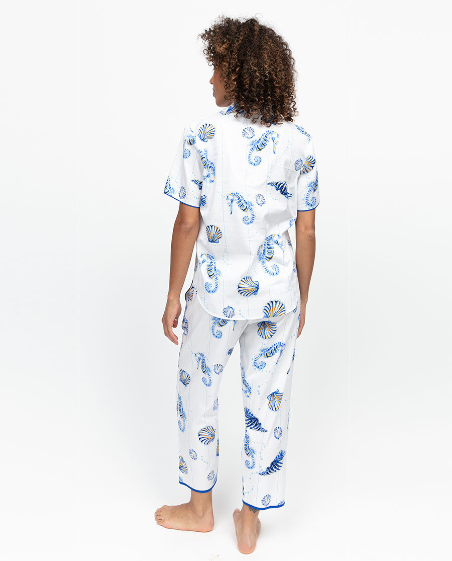 Essie Womens Blue Seahorse Print Cropped Pyjama Set