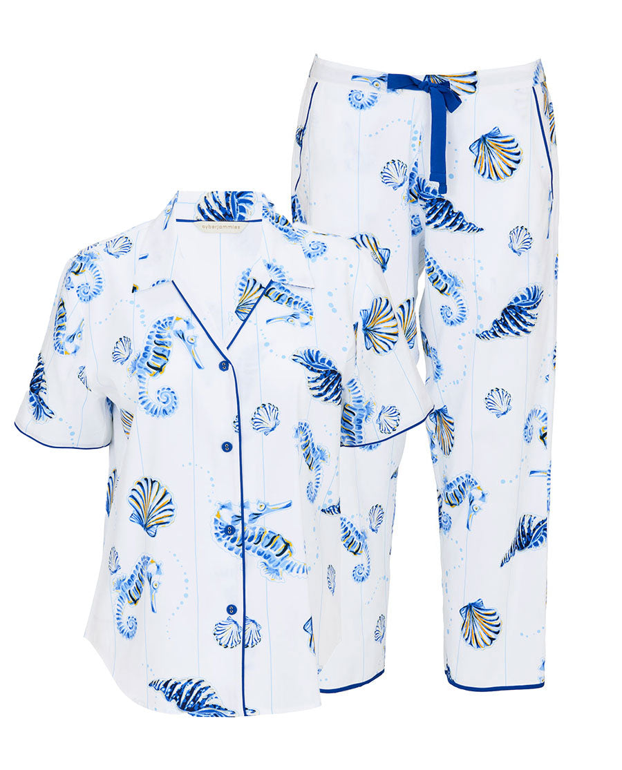 Essie Womens Blue Seahorse Print Cropped Pyjama Set