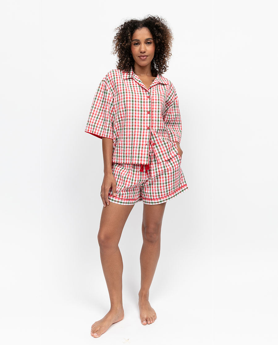 Tara Womens Seersucker Check Relaxed Shorty Set