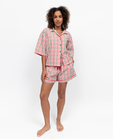 Tara Womens Seersucker Check Relaxed Shorty Set