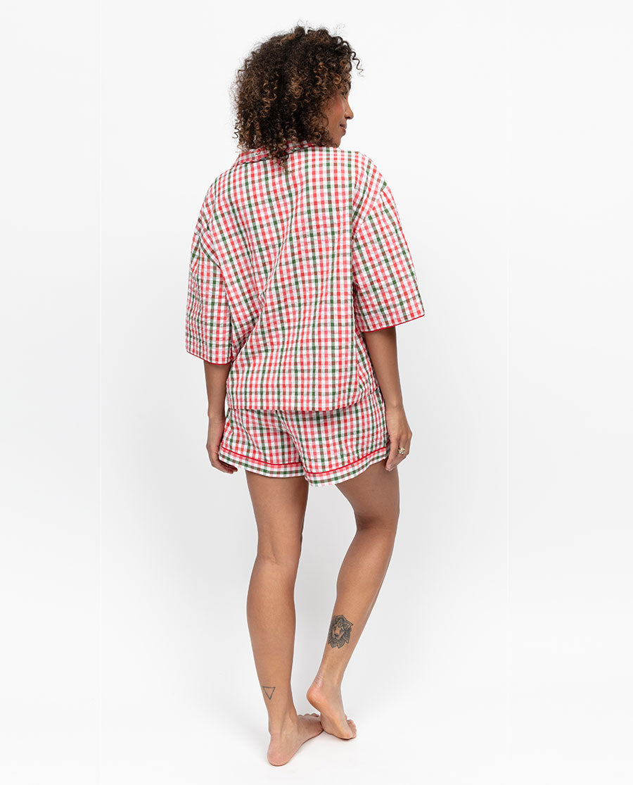 Tara Womens Seersucker Check Relaxed Shorty Set