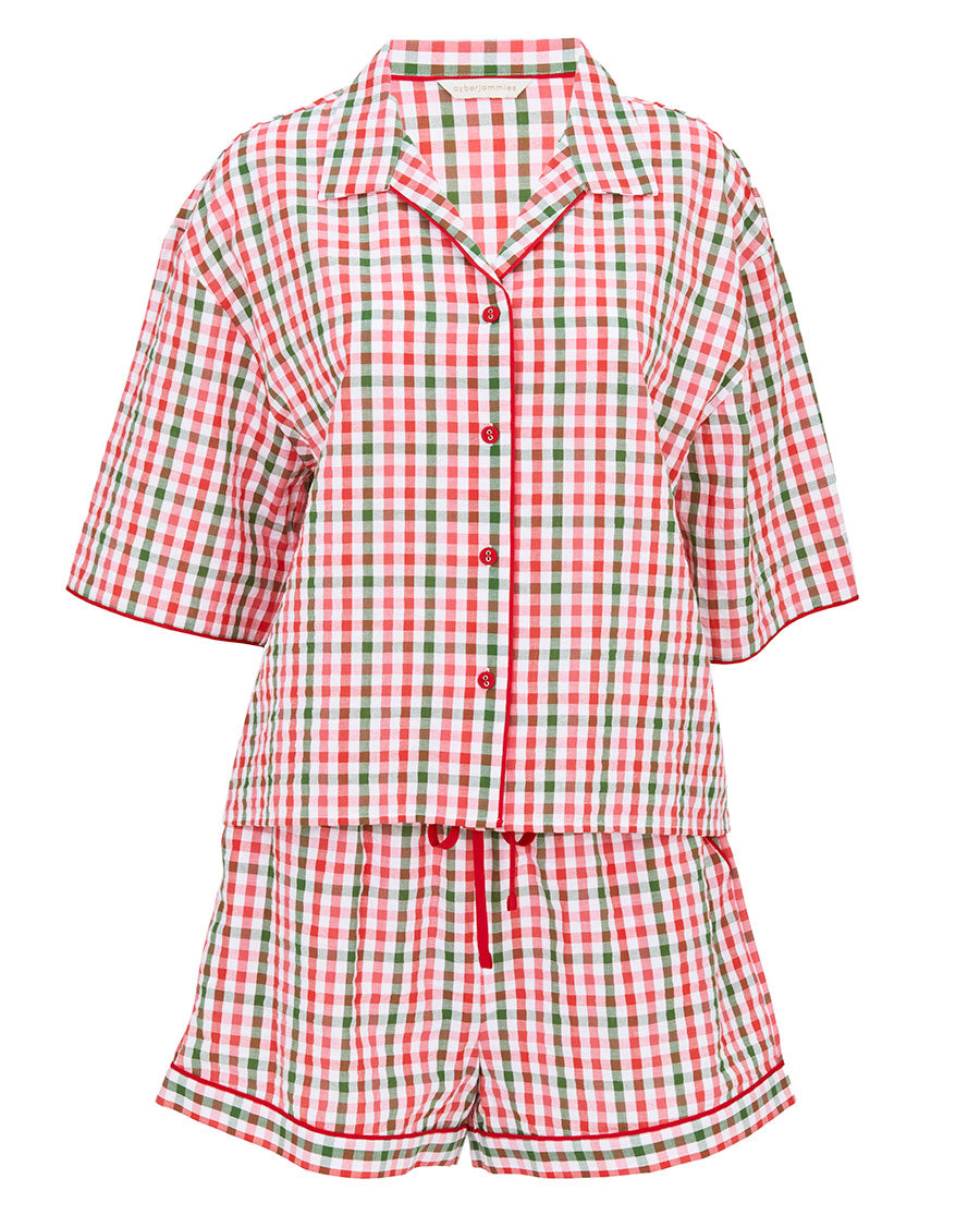 Tara Womens Seersucker Check Relaxed Shorty Set