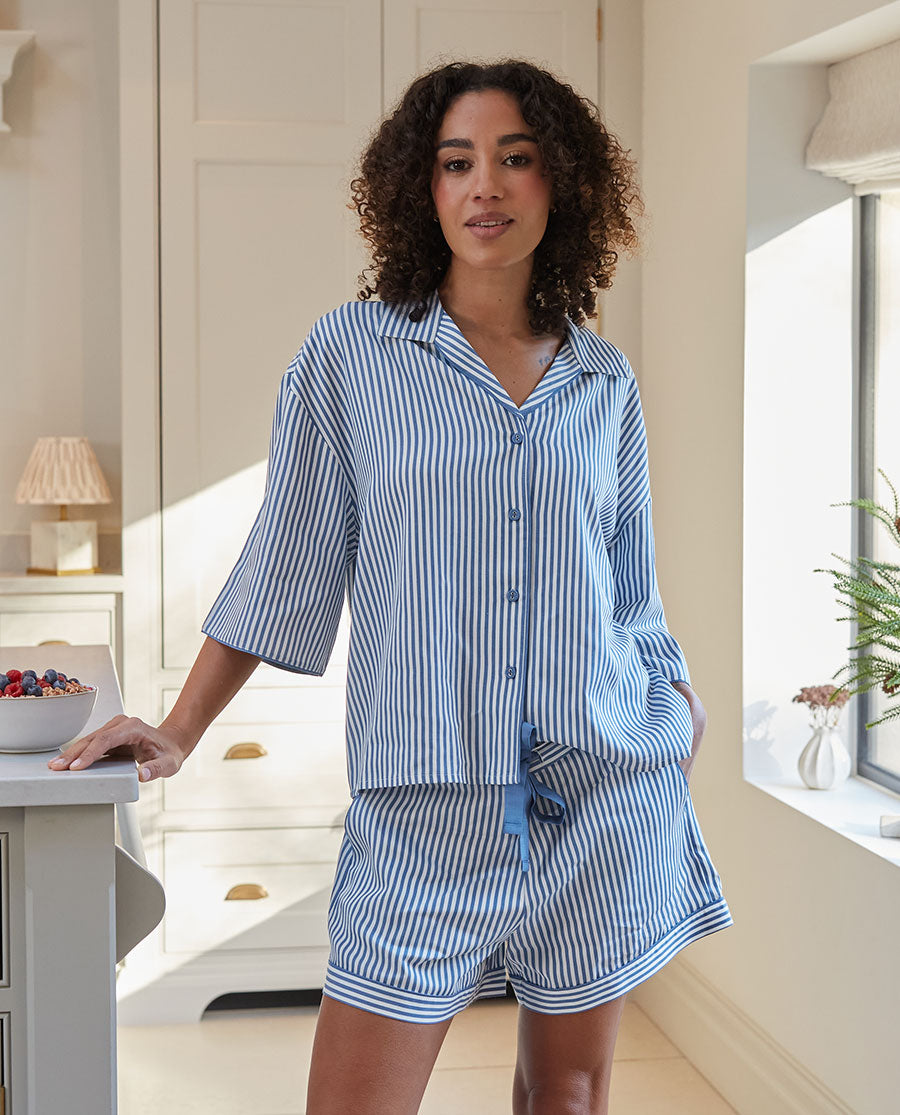 The Denim Edit Womens Chambray Stripe Relaxed Shorty Set