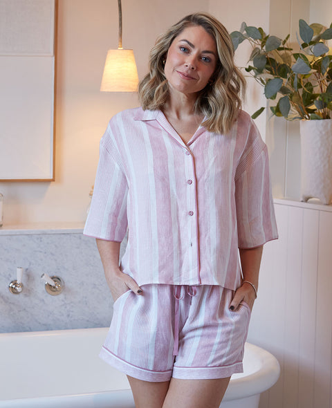 The Linen Edit Womens Printed Stripe Relaxed Shorty Set