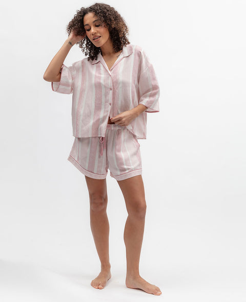 The Linen Edit Womens Printed Stripe Relaxed Shorty Set