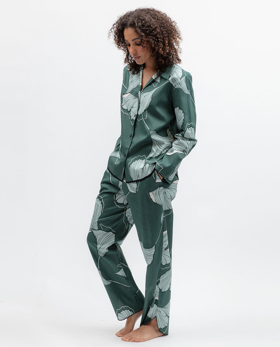 Womens Green Floral Print Pyjama Set