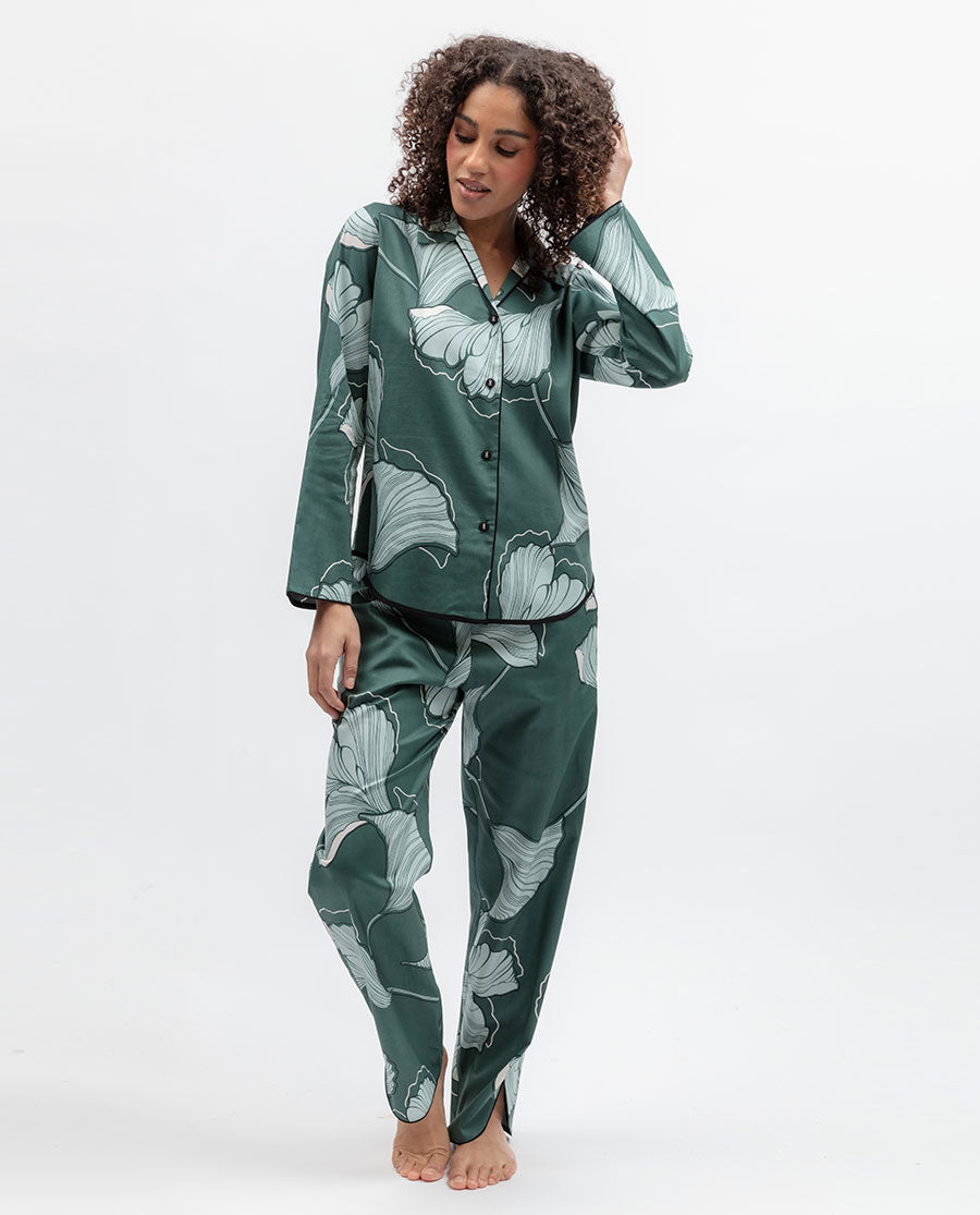 Womens Green Floral Print Pyjama Top