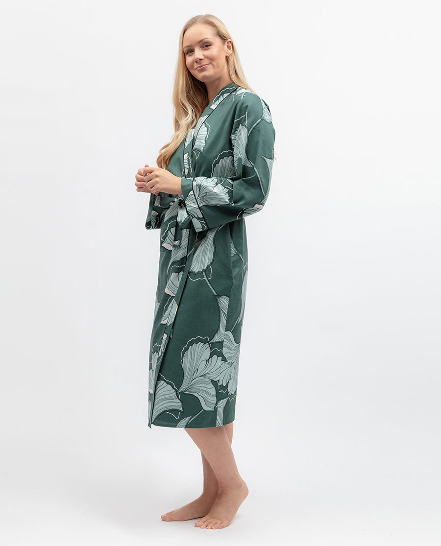 Womens Green Floral Print Long Dressing Gown