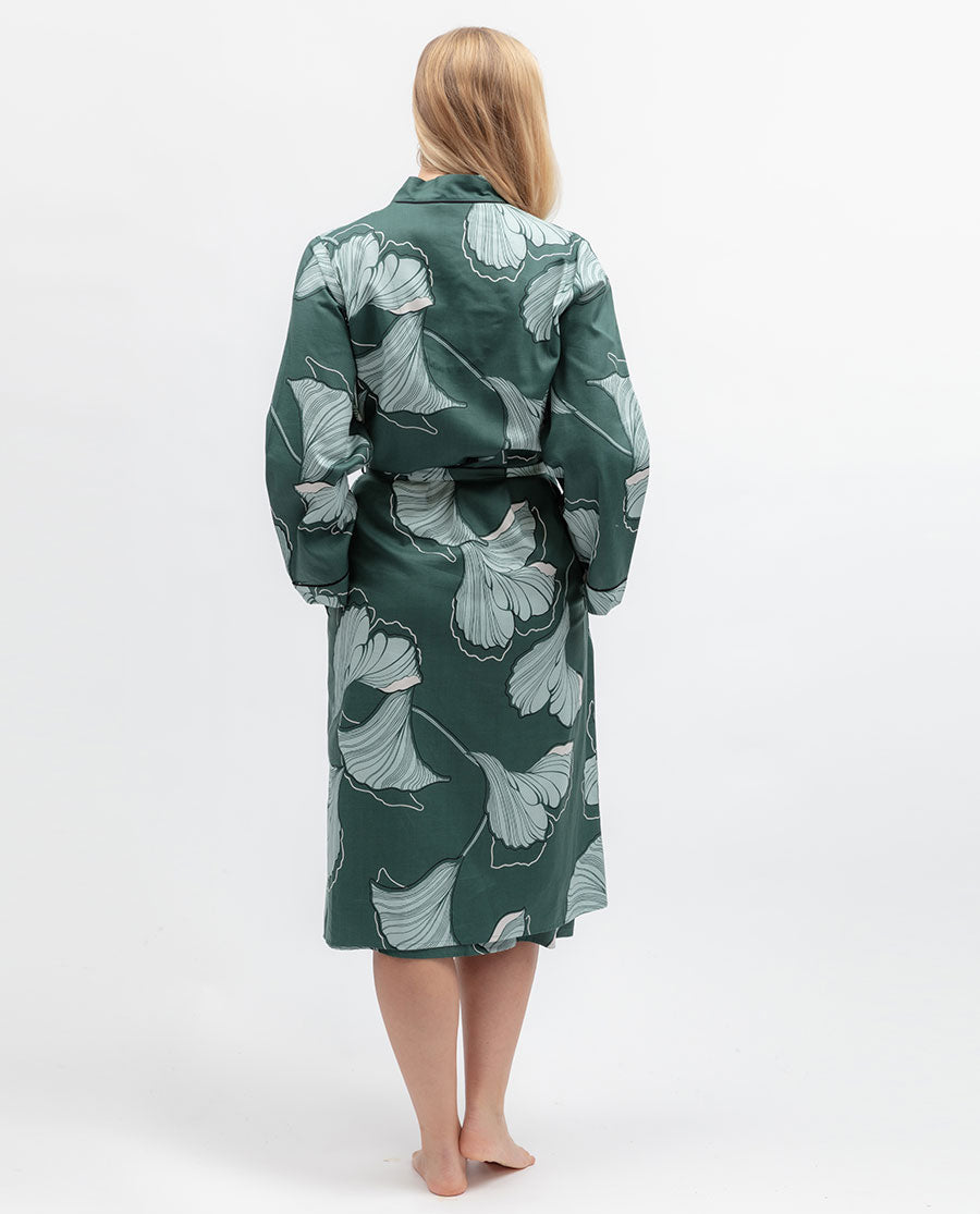 Womens Green Floral Print Long Dressing Gown