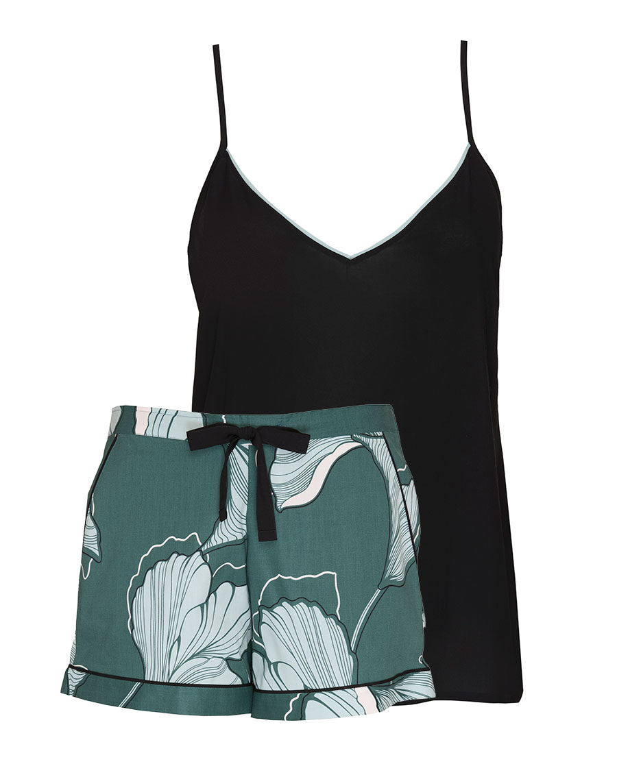 Womens Modal Cami and Green Floral Print Shorty Set